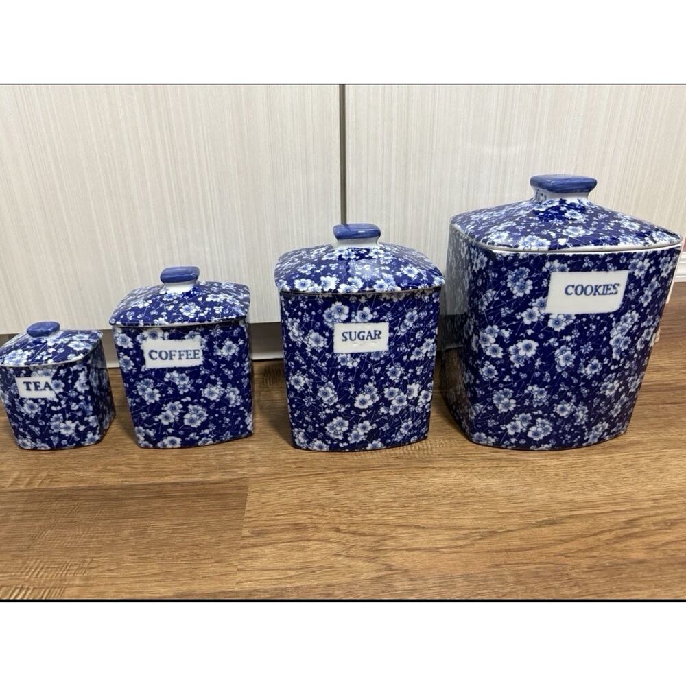 🔴 Antique Victoria Ware Ironstone Calico Blue Chintz Canister 4 Piece Set